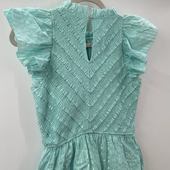 Saylor XS Carraway Mini Dress Smocked Bodice Flutter Sleeves Aqua Metallic - Picture 12 of 13